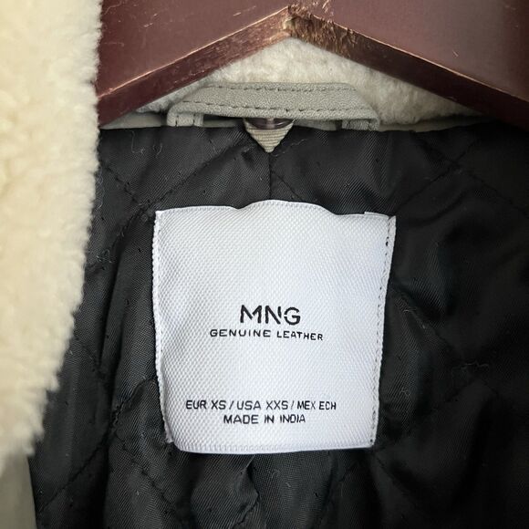 Mango Grey Taupe Real Leather Jacket Lambskin Collar fur Jacket XS - Picture 3 of 6